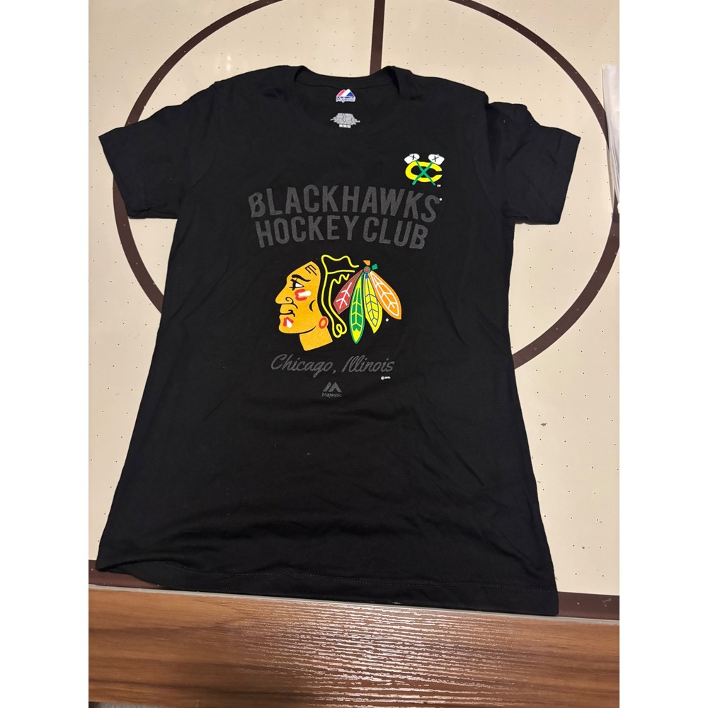 1268 Majestic Chicago Blackhawks Hockey Club T-Shirt Black NHL Mens Medium